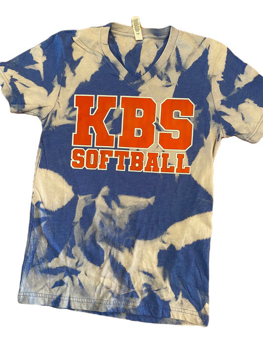 Ladies Royal Blue/Orange Bleached KBS V-Neck T-shirt